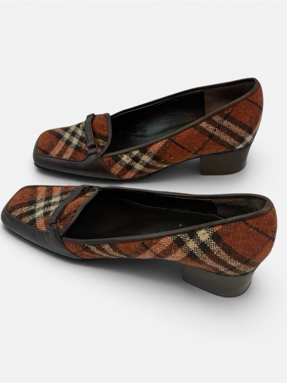 Burberry Orange Brown Plaid Leather-Trim Loafers - Picture 3 of 5